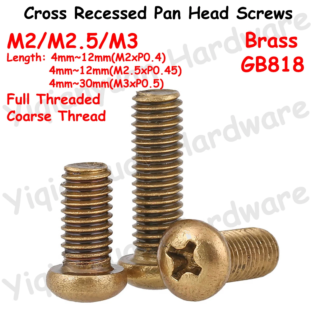 Yiqianyuan DIN7985 GB818 M2 M2.5 M3 Coarse Thread Brass Cross Recessed Pan Head Precision Bolts Full Threaded Phillips Screws