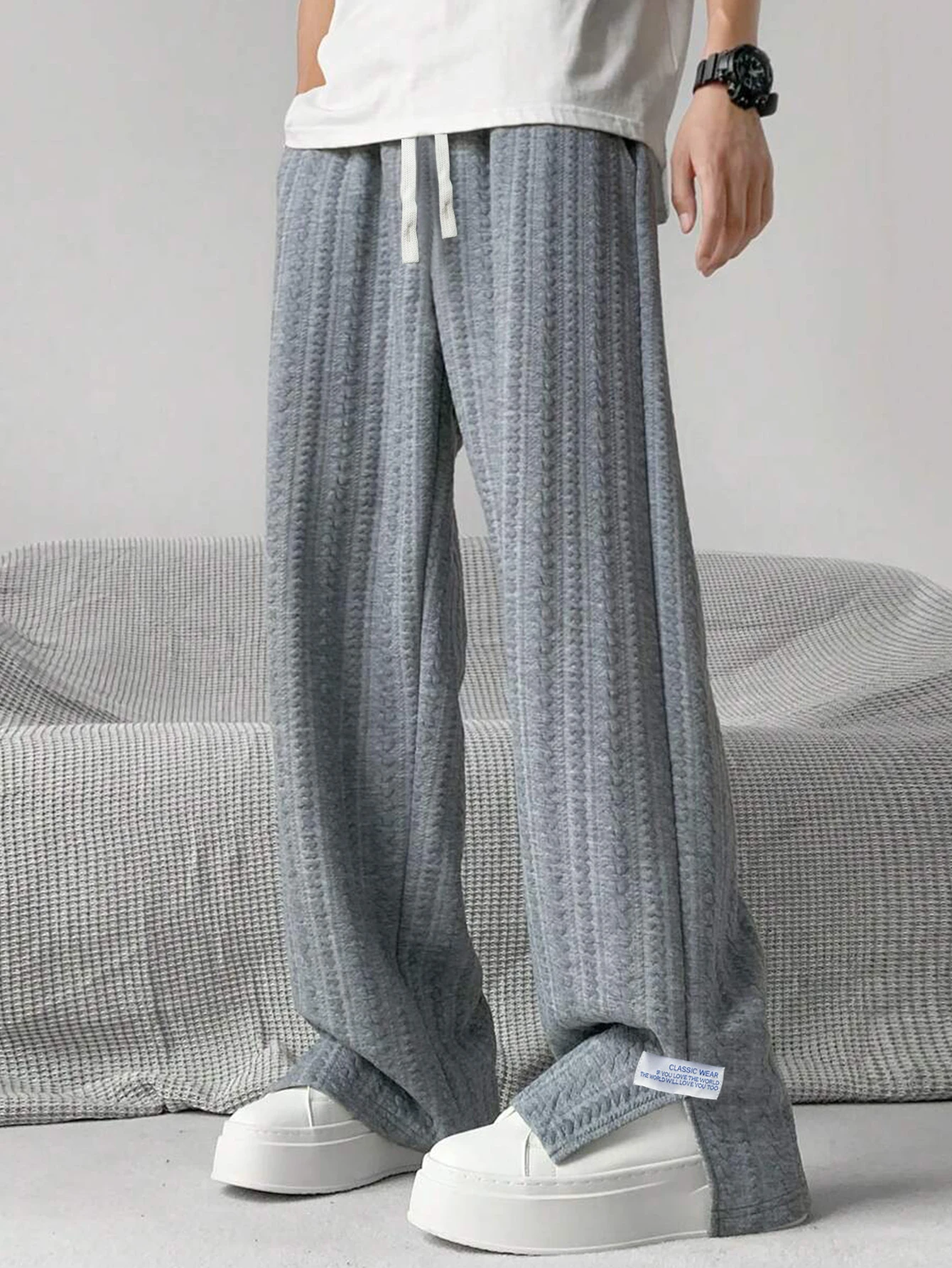 Herren Casual Minimalistische Jogginghose mit Buchstaben-Print, Geteilter Saum, Strukturierter Jacquard-Stoff, Kordelzug am Bund, Komfortabler Schnitt – Detail 23