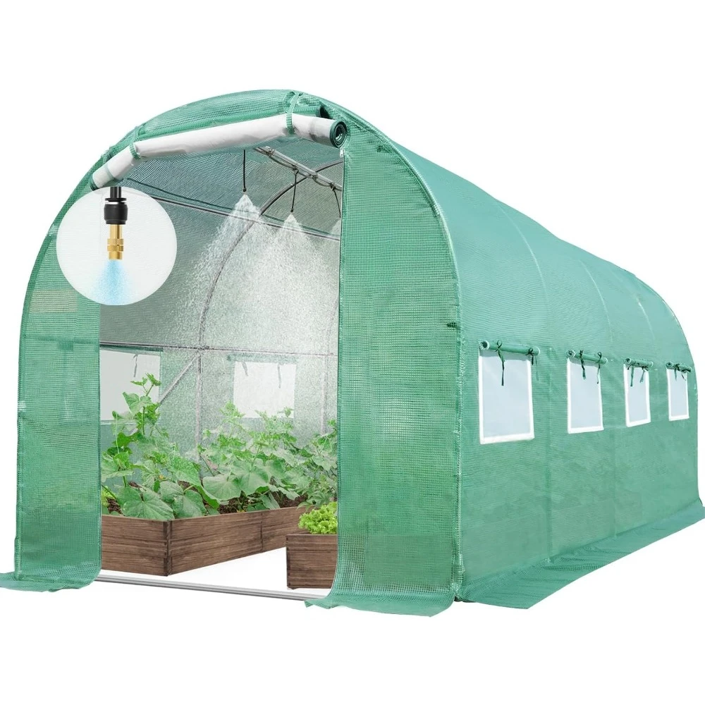 

15x6.6x6.6FT Garden Greenhouses W/ Watering Kits, Heavy Duty &Zippered Mesh Doors Screen Window Tunnel, Walk-in Greenhouse