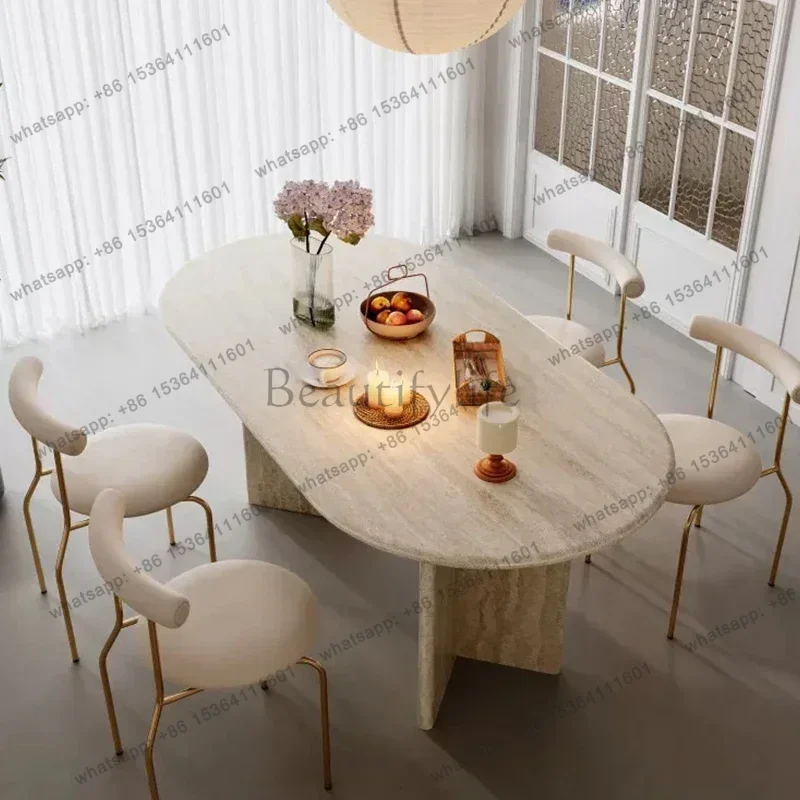 Modern simple living room light luxury travertine dining table long oval large and small apartment home wabi **** wind ad