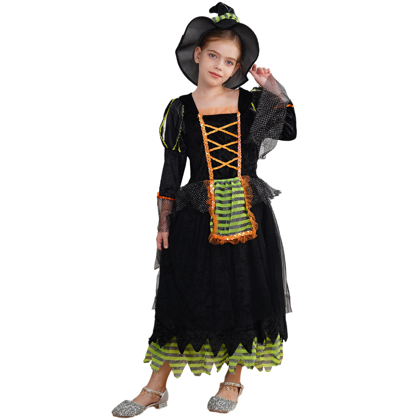 Girls Witch Cosplay Costume Halloween Carnival Theme Party Fancy Dress Up Long Sleeve Sequins Stripes Print Dress with Witch Hat