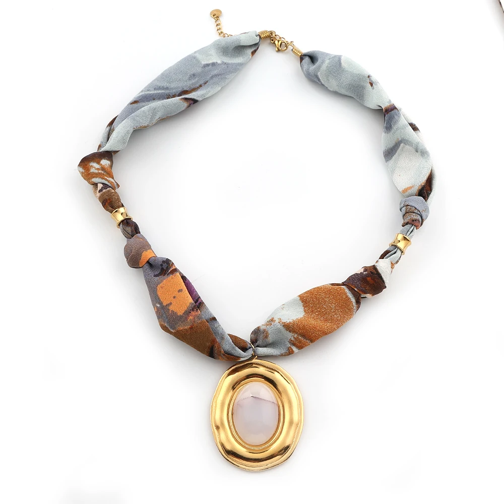 

Bohemia Scarf Fabric Natural White Stones Pendant Choker Necklace for Women Stainless Steel Handmade Sweater Chain Jewelry Gift