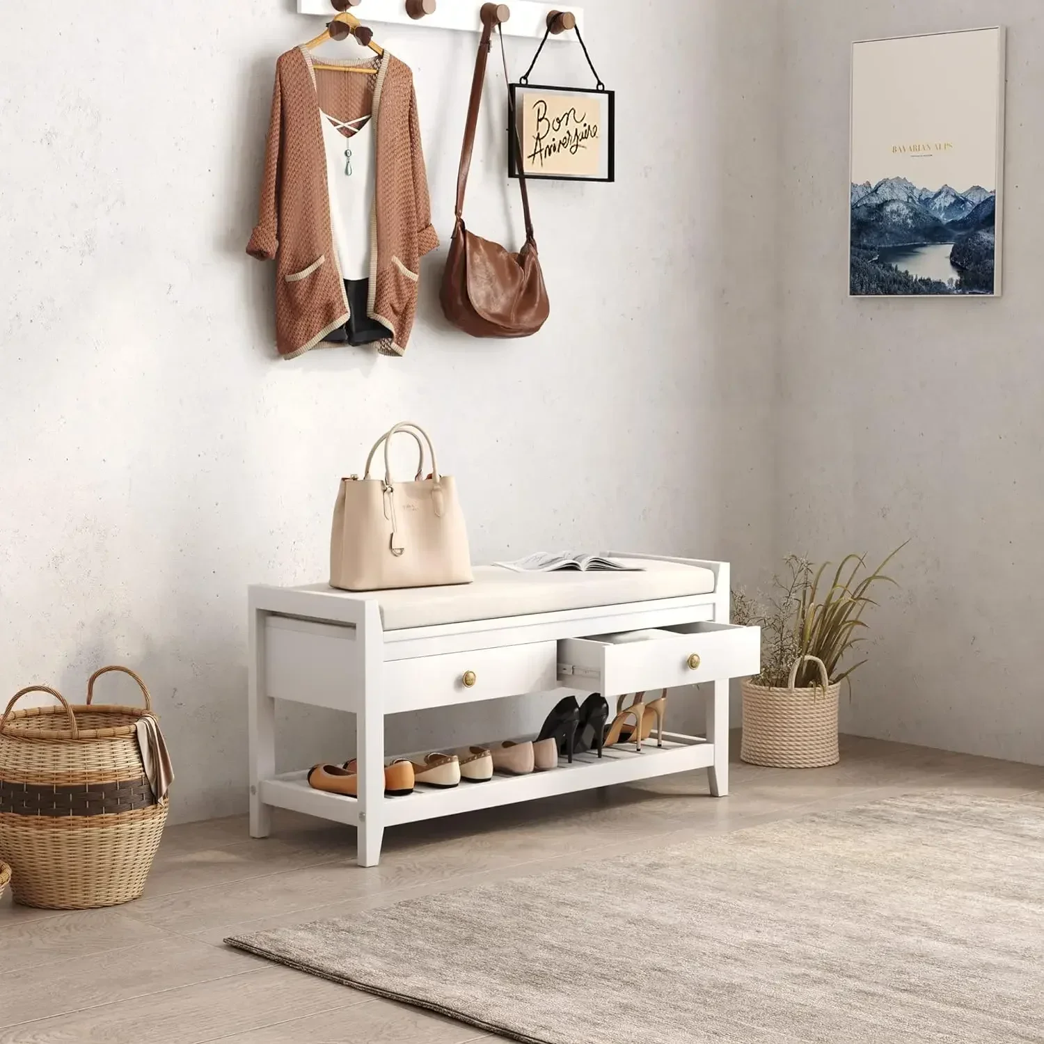 #For Shoe Storage Entryway Bench with Cushioned Seat, Shoe Wooden Cabinet Bench w/ 2 Drawers and Shelf, White/Blue/Grey