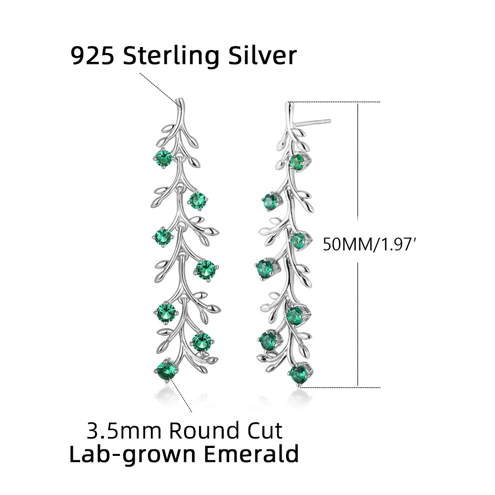 XCY 50MM Lab-grown Emeralds Drop Earrings Sterling Silver Branch-shaped Elegant Dangle Earrings Wedding Party Jewelry for Women