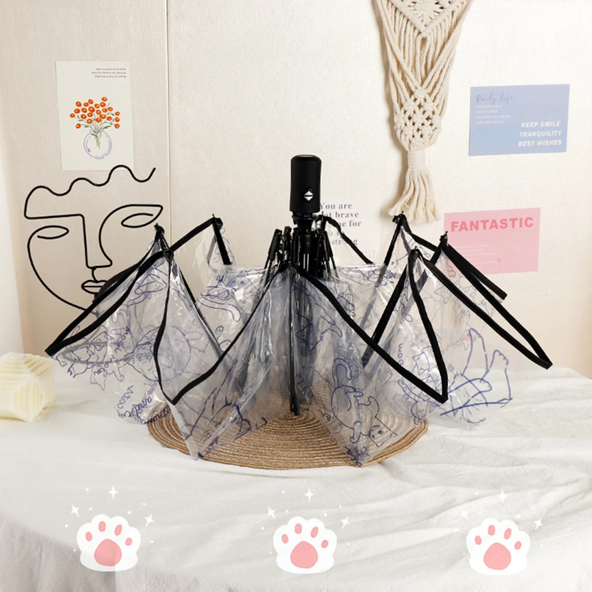 1 Piece of Fully Automatic Cat Pattern Pvc Material Transparent Umbrella, Waterproof and Windproof, Portable Umbrella, Suitable for Travel and Work