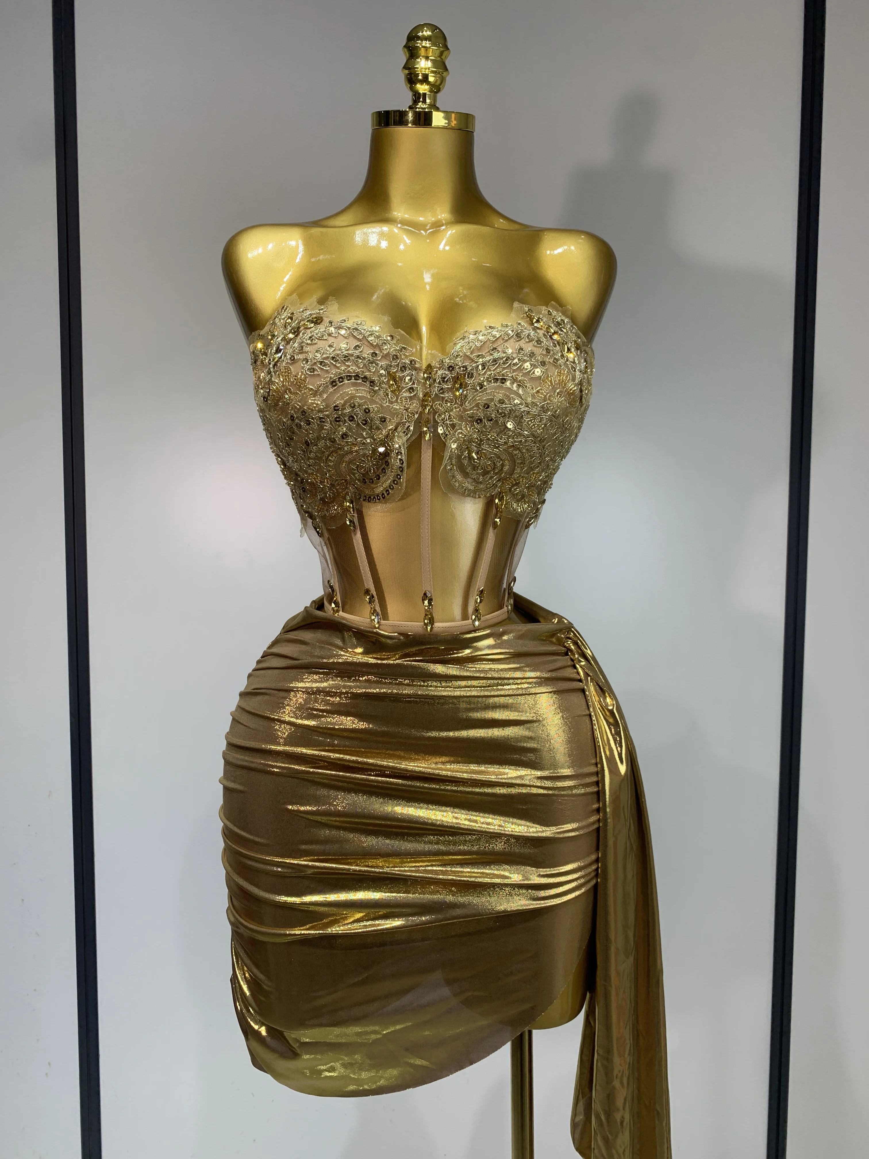 Женское сексуальное платье без бретелек с блестками и стразами, золотое платье, блестящий топ, комплекты из двух предметов, вечерняя вечеринка на день рождения, клубная певица, сценический наряд