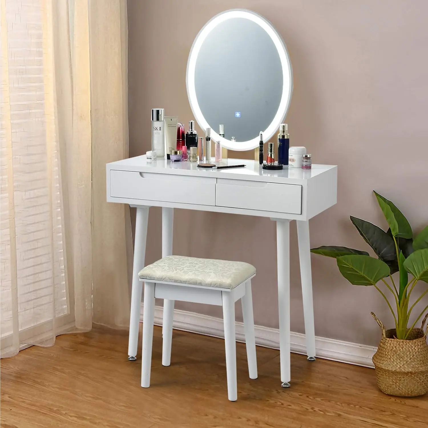 #Lighted Mirror Vanity Set Brightness Cushioned Stool Sliding Drawer Divider Modern Bedroom Girls Women