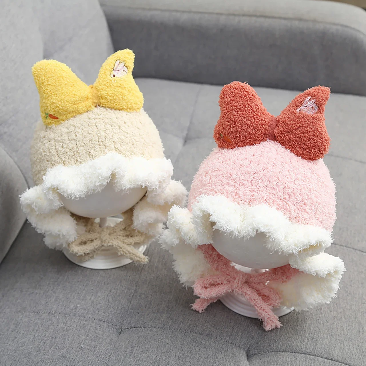 

Cute Big Bowknot Baby Hat Winter Thicken Warm Baby Boys Girls Cap Beanies Soft Plush Toddler Kids Lace-up Hat