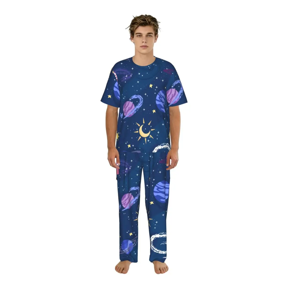 Sleepwear Summer Spring Home Clothes Hand Drawn Galaxy Short Sleeve Long Pant Nightwear