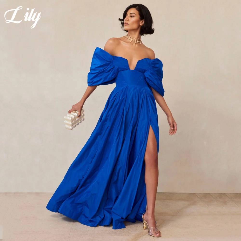 

Lily Dark Blue Elegant Prom Dress V-Neck Off the Shoulder Prom Gown Satin Side High Split Ball Gown for Woman 프롬 드레스 Customized