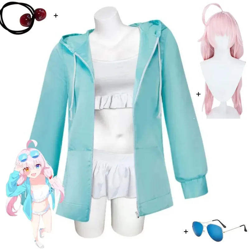 

Anime Game blue Archive Takanashi Hoshino cosplay costume blue hooded coat white swimsuit bikini wig woman sexy kawaii suit
