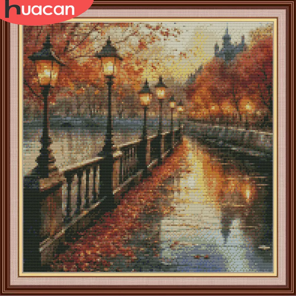 HUACAN Stickerei Kit Straße Landschaft Kreuz Stich Sets Herbst Muster Handarbeiten 11Ct Bild Gedruckt Leinwand Wand
