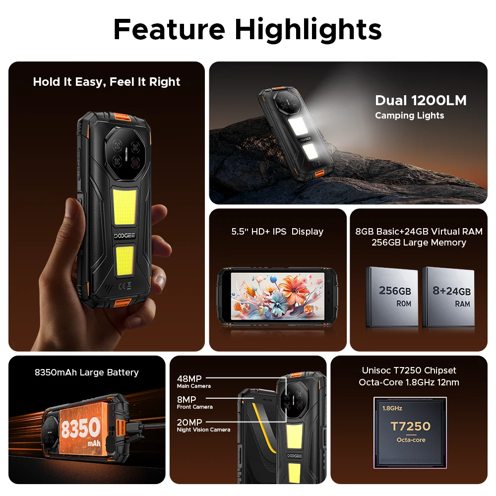 Global Version DOOGEE Fire 3 Max Rugged Phone 32GB 256GB 5.5" HD+ Display Camping lights 8350mAh UNISOC T7250 48MP Android15 NFC