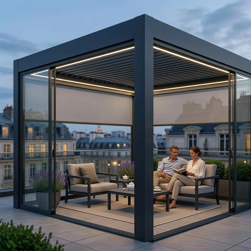 Full Enclosed Aluminum Pergola with Window Shade Glass Sliding Door Eco-Friendly Nature All Season Sunroom Balcony Patio Garden