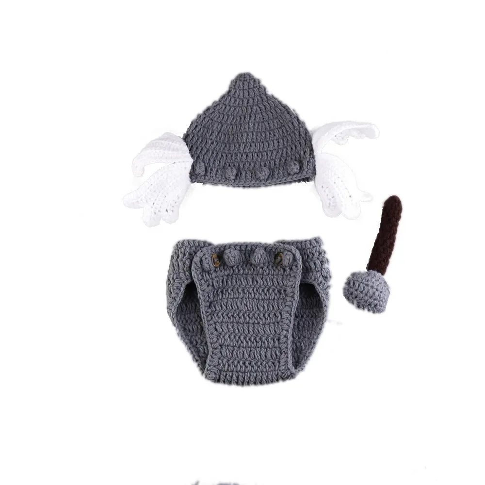 Newborn Photography Props Baby Costume Thor Outfit Handmade Wool Knitting Photo Set Cartoon Studio Photoshoot Accessories