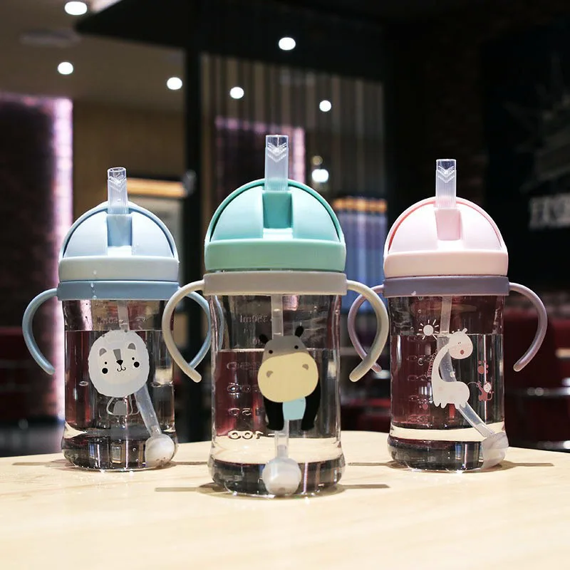 350ml Leakproof Baby Drinking Cups Cartoon Kids Water Sippy Cup With Handle Shoulder Strap Gravity Ball Straw Kids Water Bottle