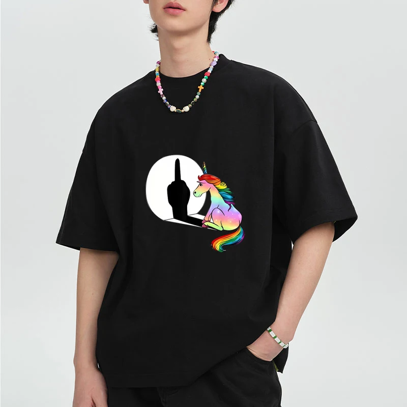 

Unicorn Middle Finger Fxk printed short sleeve T-shirts Men Women Funny Streetwear Anime clothing Summer vintage Cotton Tops