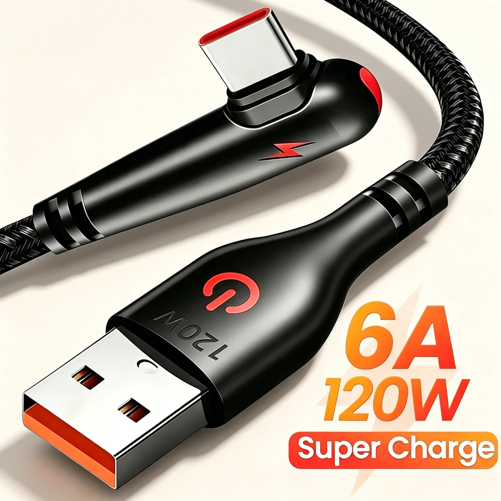 90 °   Cabo USB Tipo-C de Carregamento Rápido em Nylon Trançado para iPhone 15 16 17 Pro Xiaomi Redmi POCO Huawei Honor