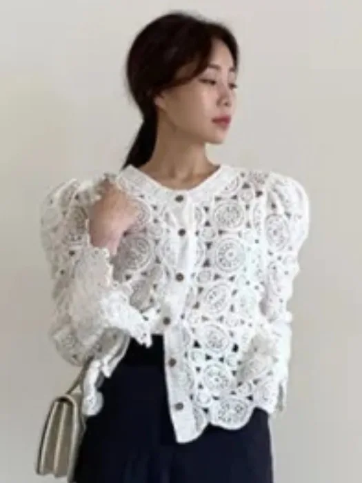 Chic Vintage Ethnic Sle round Ne Hollow out Long Sve Knitted Open Cardigan Women's Faion Spring n Loose Fit
