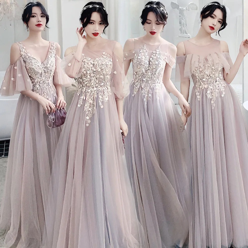 4 Styles Light Pink Purple Bridesmaid Dress Women's Elegant Classical Tulle Off The Shoulder Gown Ruffles Sleeves A-line Vestido