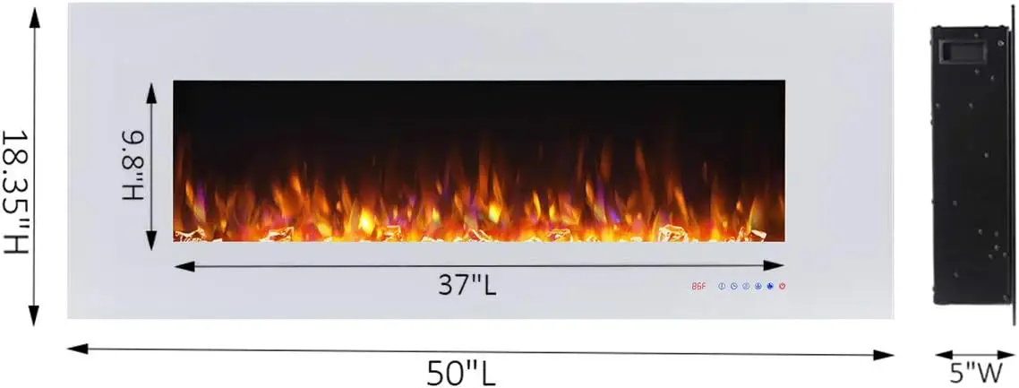 Elektrische haard, 50 inch wandgemonteerde haard met bescherming tegen oververhitting, thermostaat, timer en afstandsbediening, touchscreen