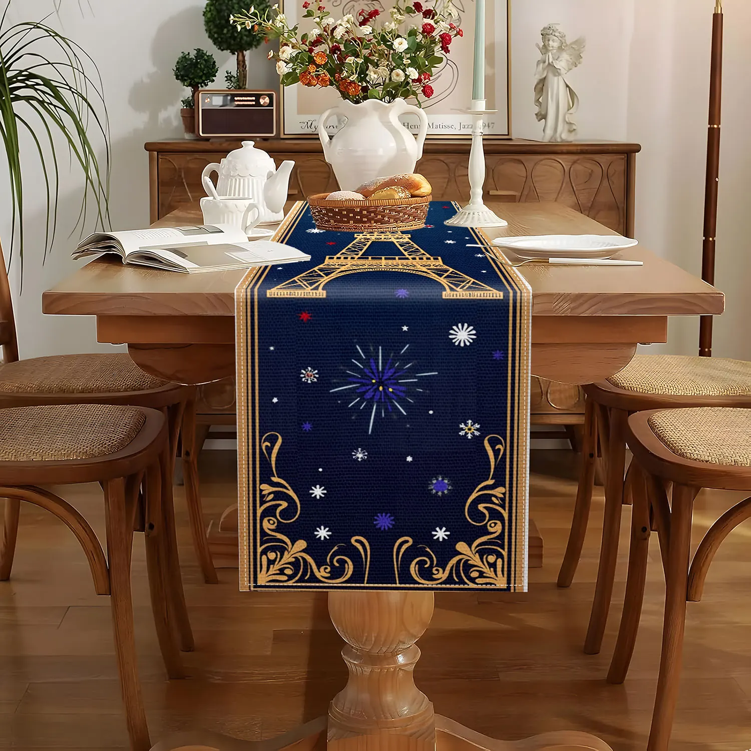 1 Piece of Paris Romantic Theme Table Runner, Dark Blue Background with Golden Eiffel Tower, Fireworks Pattern, Suitable for Romantic Party, Couple Anniversary, Paris Theme Party