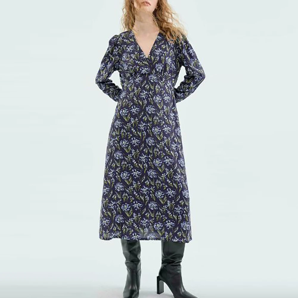 

Plus Size Floral Printed Women Dress Elegant V-Neck Loose High Waist Autumn Long Sleeves Female Dress Casual Office Lady Dresses