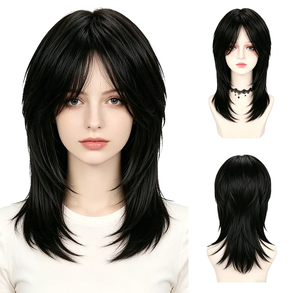 Black Wolf Cut Wig For Women Men Medium Length Layered Shaggy Wig Heat Resistant Synthetic Hair Unisex For Daily Cosplay Party