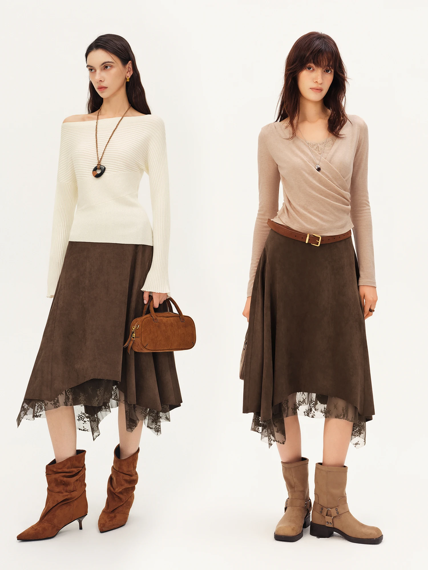 ZIQIAO 2026 Autumn Women's Vintage French Retro Faux Suede Lace Patchwork Irregular Hem Midi Skirt High Waist Trendy Fall Skirt