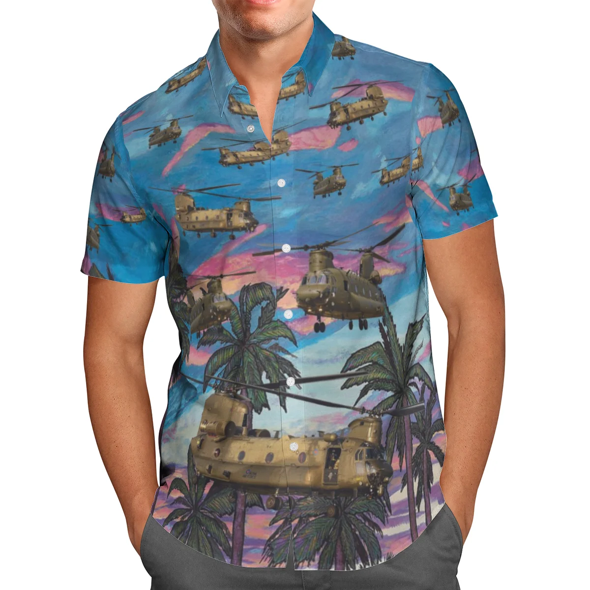 3D Helicopter Hawaiian Shirt Men's Summer 2024 Short Sleeve Streetwear Oversized 5XL Social Homme-148 Summer