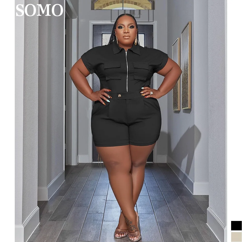 

SOMO 5XL Plus Size Clothing Summer Two Piece Set Women Outfit 2023 Fashion Patchwork Lapel Top Short Sets Wholesale Dropshipping