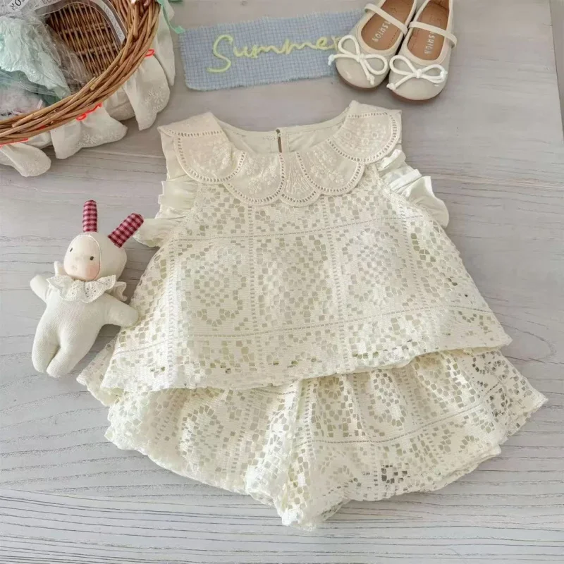 

2025Girls' Summer New Stylish Lace Hollow Out Tank Top and Cute Shorts Two-Piece Set