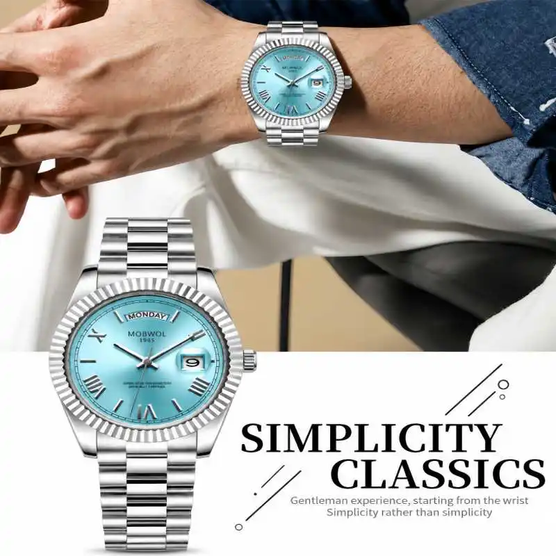 

MOBWOL Miyota Quartz Men Watch Stainless Steel Waterproof Day Date Business Daily Wristwatch