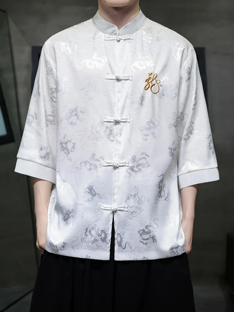 

New Chinese Sle Men's Ice Silk ort Sve irt Vintage Embroidery Tang Costume Hanfu Loose Fit Youthful Trend Summer Wear