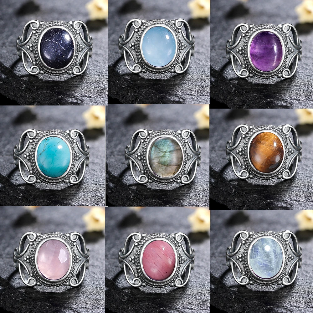 

Natural 8*10MM Stone Finger Ring Moonstone Amethyst Labradorite Jewelry Rings for Women Gift 925 Sterling Silver Ring