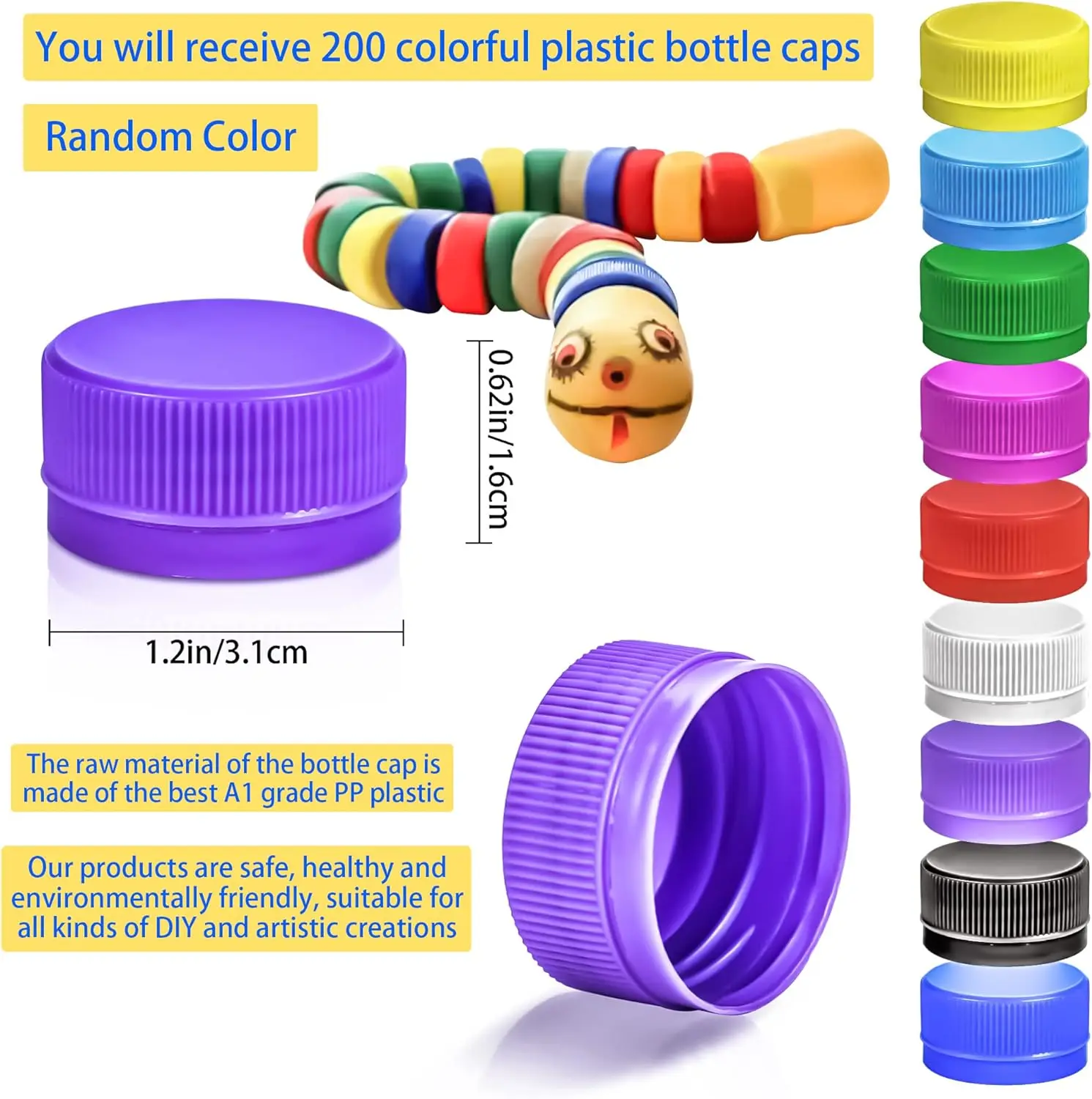 200Pcs Plastic Bottle Caps for DIY Craft Environmental Protection and Development of Children’s Intelligence (Mixed Color)