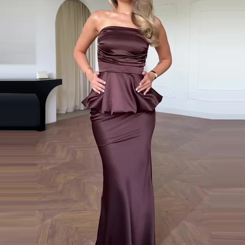 Satin Off-Shoulder Slim Fit Damen Zweiteiler Sexy Trägerloses Top mit Langem Rock Party-Outfit Elegantes Temperamentvolles Gästekleid