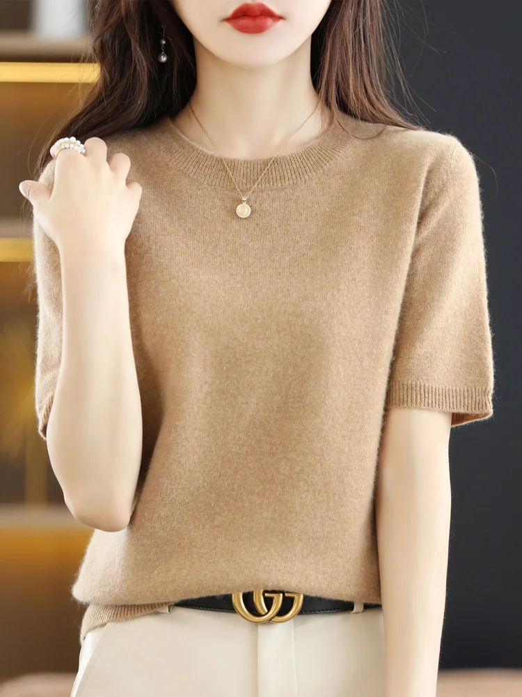 New Fashion Women Summer T-shirt Merino Wool O-neck Short Sleeve Pullover Cashmere Sweater Basic Soft Comfy Clothing Korean Tops