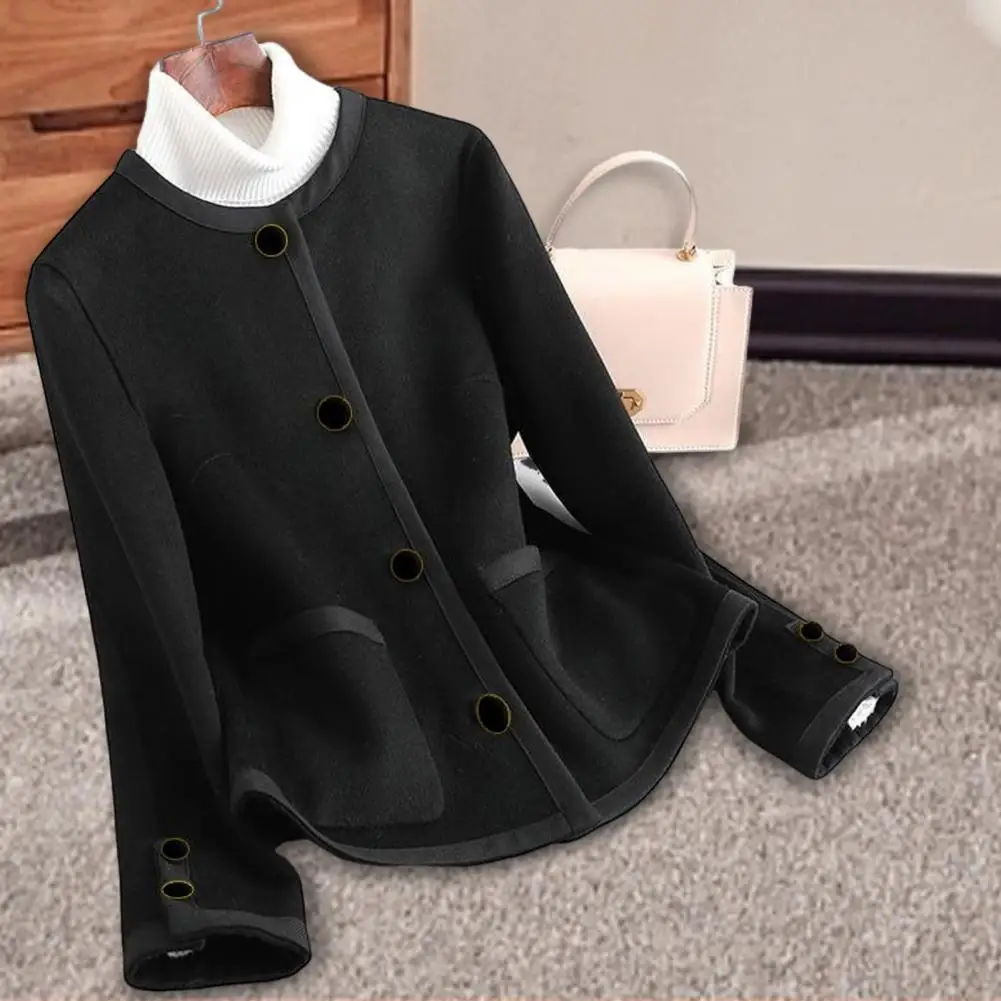 Women Single-breasted Coat Stylish Color Matching Cardigan for Women Round Neck Knitted Jacket with Button Decor Fall for Ladies