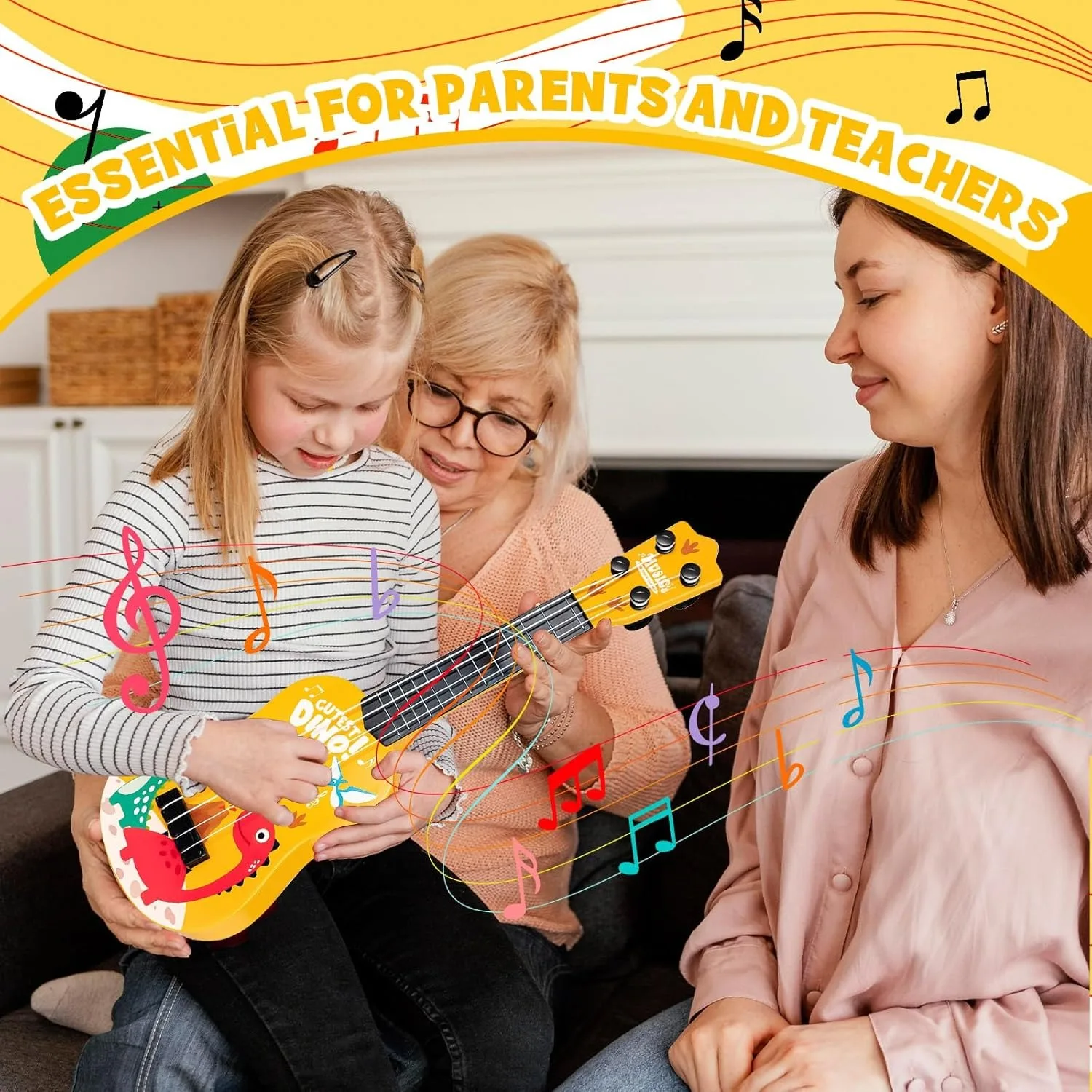 17 Polegada mini crianças guitarra clássica ukulele de 4 cordas-design dinossauro, presente de aniversário de natal, brinquedo musical para iniciantes, festa