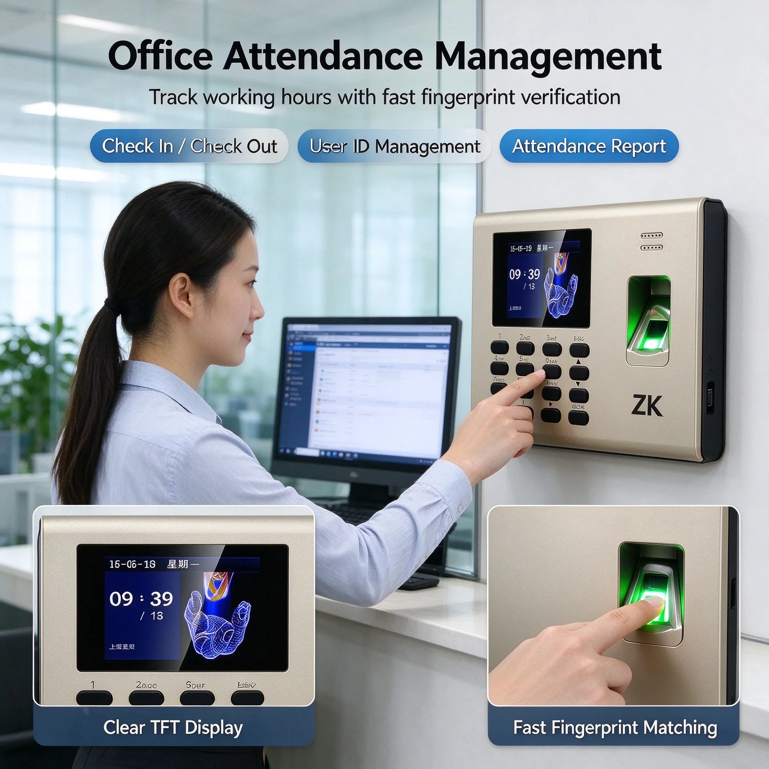 ZKTeco Fingerprint Time Attendance Machine Card Password 3 in 1 Access Control Keypad 1000 Users 100000 Records Office Factory