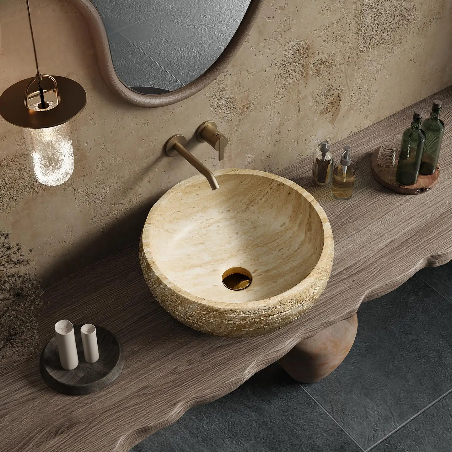 Vintage Round Travertine Vessel Sink, Beige Mid-century Modern Console Basin for Hotel Villa Bathroom, Customizable