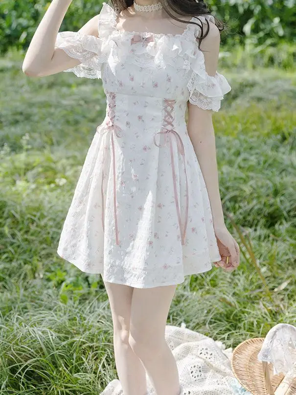 Japanese Sweet Lolita Floral Mini Dress Cold Shoulder Lace Trim  Corset Tie Harajuku Subculture Kawaii Aesthetic Outfit 2026