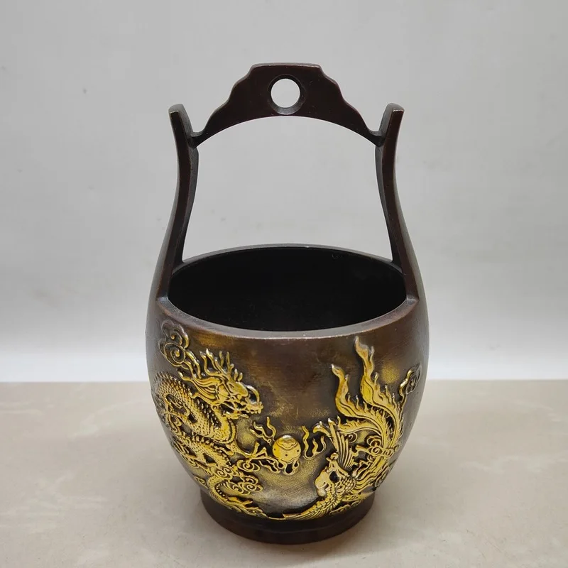 Brass Gilt Dragon and Phoenix Water Bucket Antique Craft