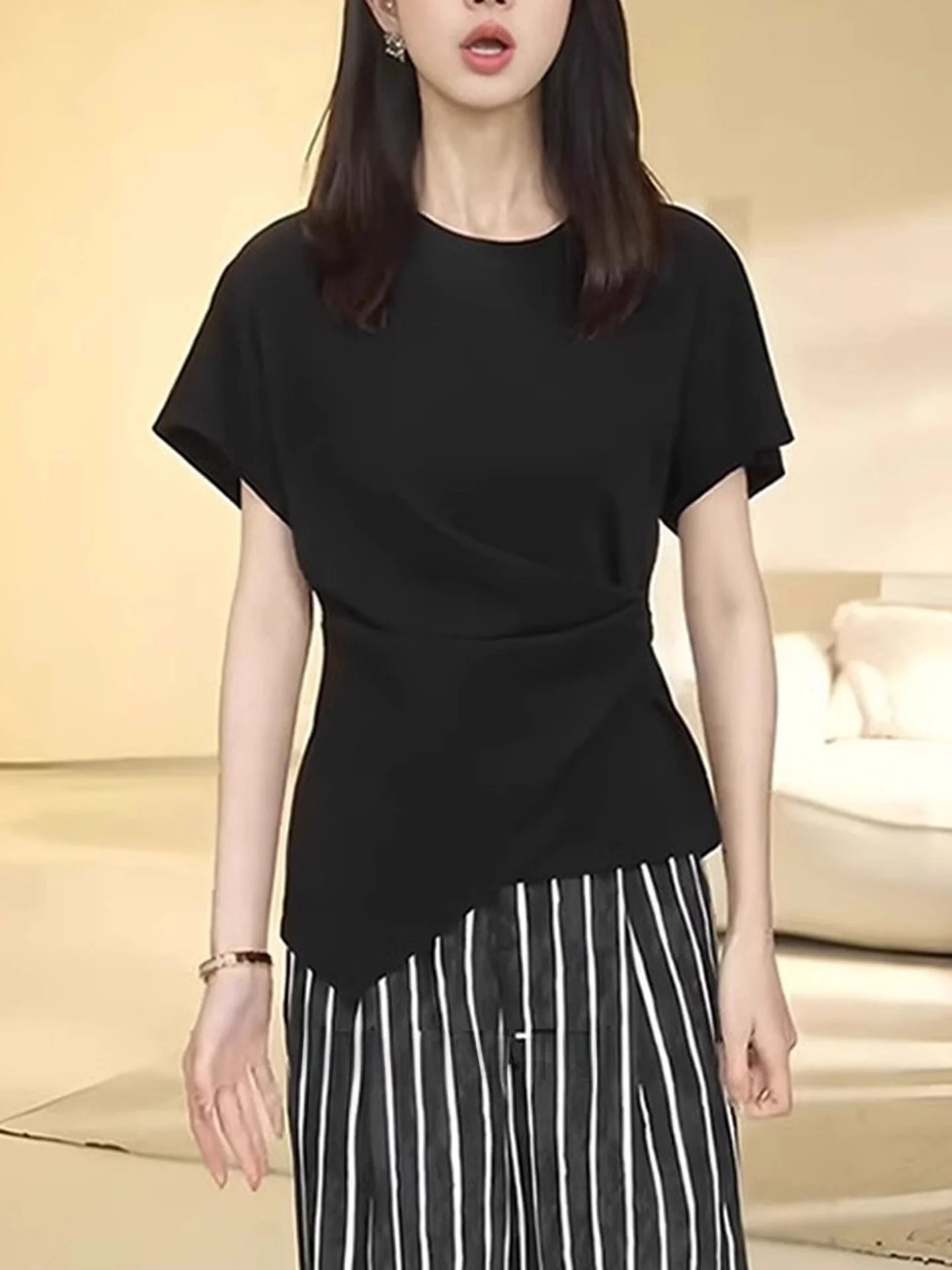 

Футболка Ele Color ort Sve в корейском стиле, для повседневной носки, стандартного кроя, однотонная, с круглым вырезом, топ с открытыми плечами