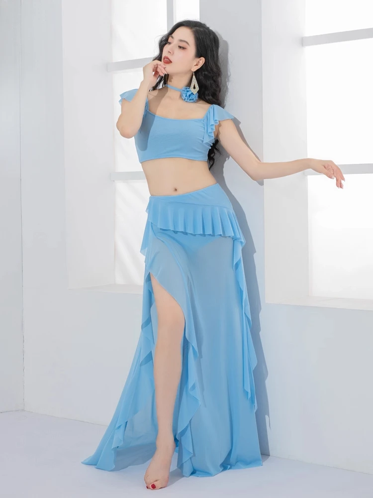 Traje de danza del vientre estilo de hadas cinta de hoja de loto ropa de danza Oriental traje de práctica de malla de verano para clase