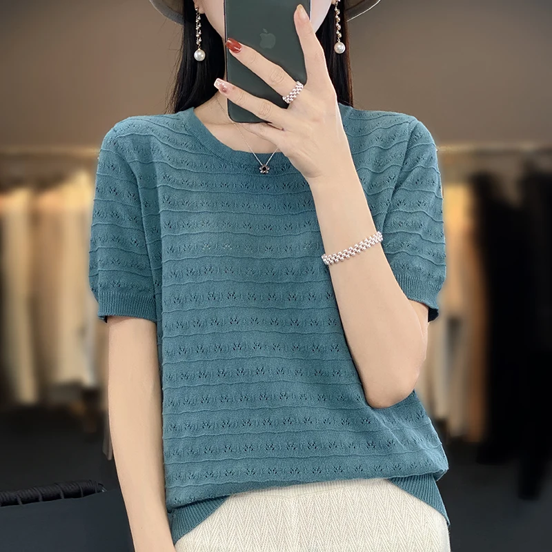 2023 Summer New Women\'s 100% Cotton Casual Solid Round Neck Pullover Short Sleeve Loose fitting Korean Knitted Fashion Top T-shi