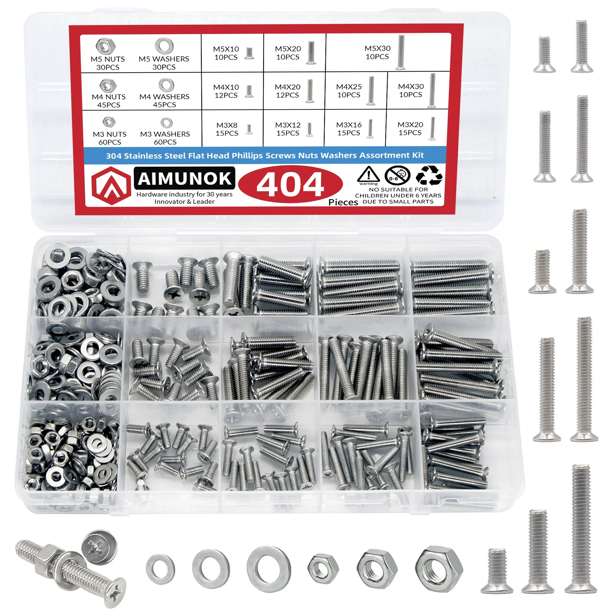 404pcs countersunk  Screws with Nose Screw Set M3 M4 M5 Screw and nut washers 304 Stainless Steel Cross countersunk  Scr