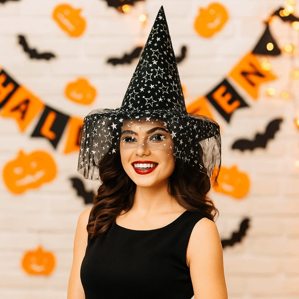 

Lace Veil Halloween Witch Hat Rose Party Props Flower Wizard Cap Foldable Cosplay Accessories Feather Halloween Cap Masquerade