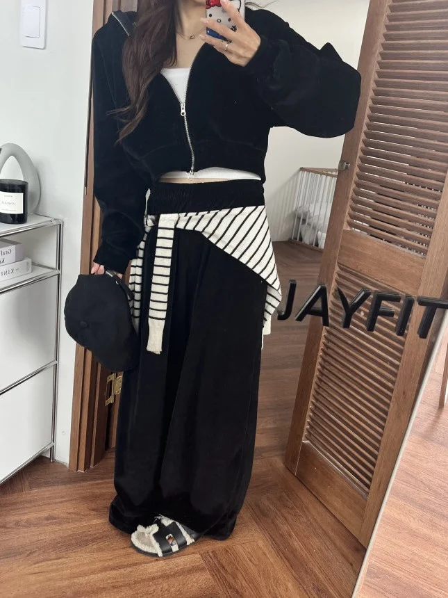 

Толстовка Sli с капюшоном Jaet и широкие брюки, женский модный комплект, антивозрастной милый корейский свободный крой из двух предметов, зимняя одежда